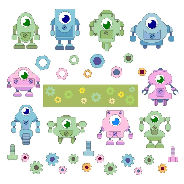 Conjunto de mini robots divertidos de dibujos animados y sus componentes — Vector de stock