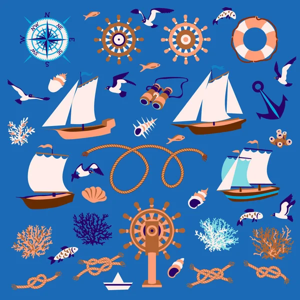 Nautische set: zeilboten, vis, seagull, koraal, touwen — Stockvector