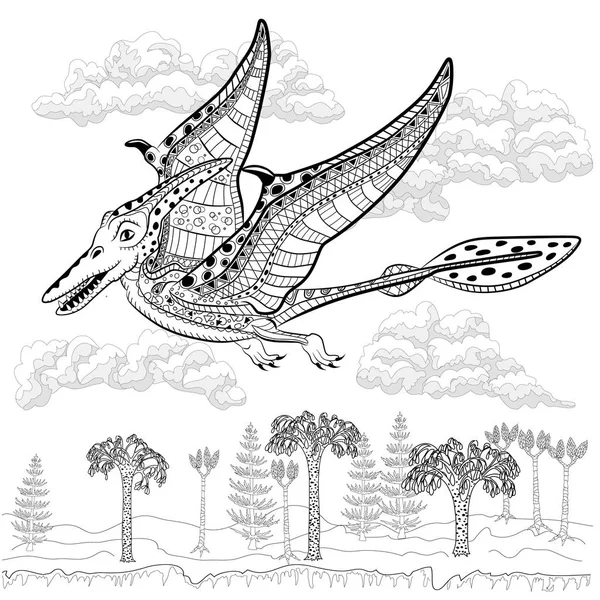 Pterodáctilo - monstro pré-histórico na natureza. Antistress Colorir — Vetor de Stock