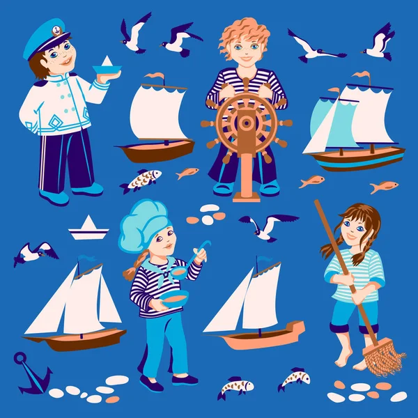 Naval Conjunto de personajes de dibujos animados: capitán, marinero, cocinero, dirección — Archivo Imágenes Vectoriales