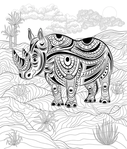Libro para colorear antiestrés. Rinoceronte en la naturaleza . — Vector de stock