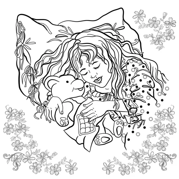 Menina dormindo em um travesseiro. Livro para colorir . — Vetor de Stock