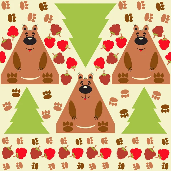 Seamless pattern with bears, spruces, tracks and raspberries — Stock Vector