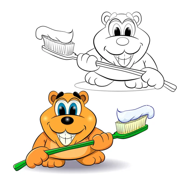 Divertido oso de dibujos animados con un cepillo de dientes — Archivo Imágenes Vectoriales