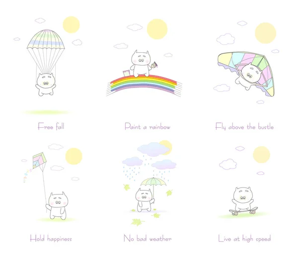 Conjunto de divertidas mascotas de dibujos animados kawaii . — Vector de stock