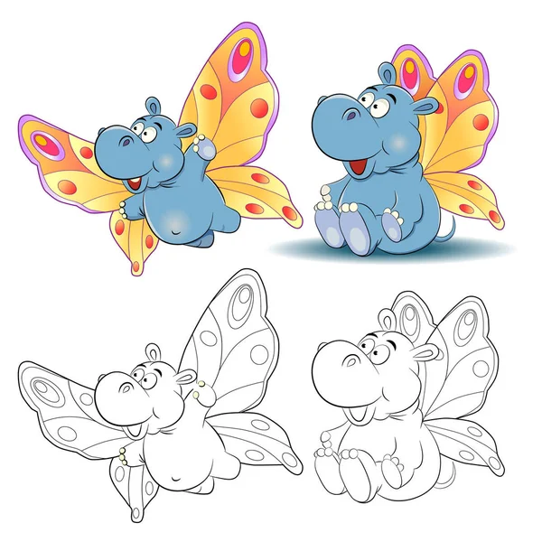 Drôle de dessin animé hippopotame image d'un papillon. Livre à colorier . — Image vectorielle