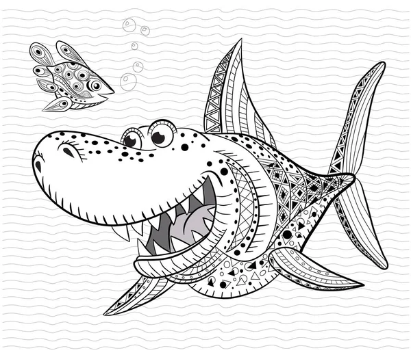 Livre de coloriage anti-stress pour adultes et enfants. Drôle de requin — Image vectorielle