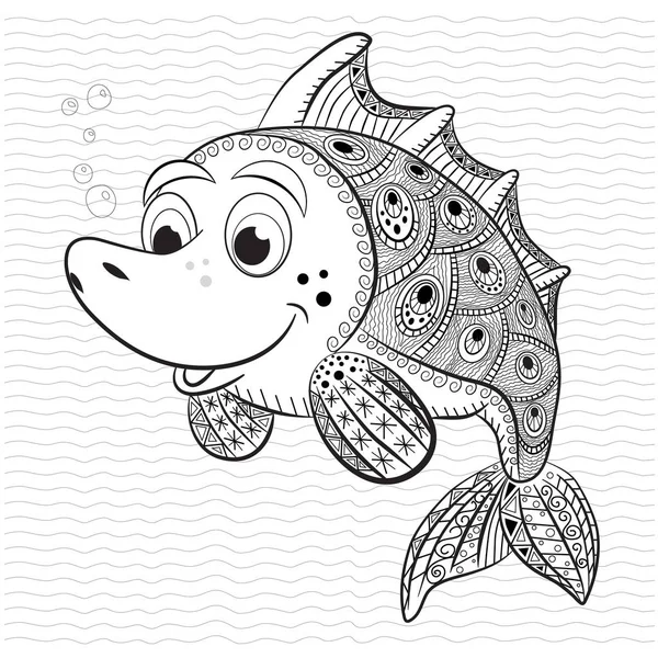 Antistress coloring book for adult and children. Funny fish — Stock Vector