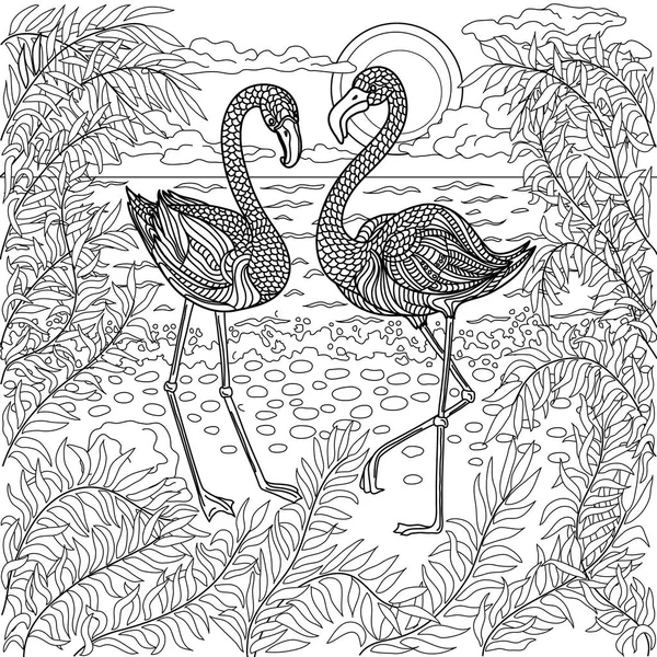 Hand drawn birds - flamingos on the sea beach — Stock Vector