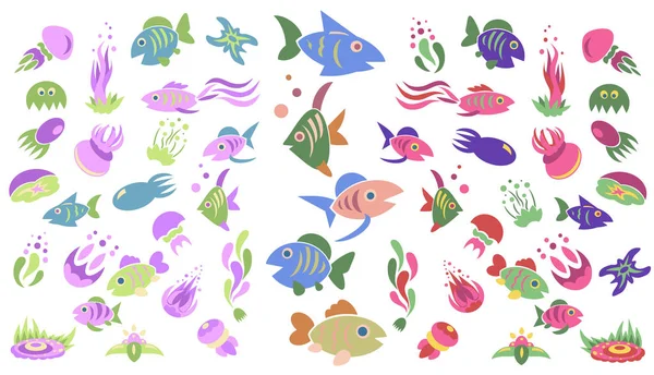 Set of  fishes, clams and jellyfish — Stock Vector