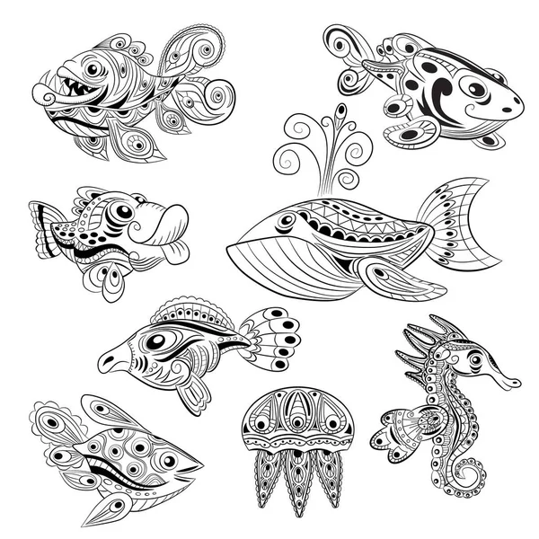 Hand drawn ink zentangle set with many fishes for relax — Stock Vector