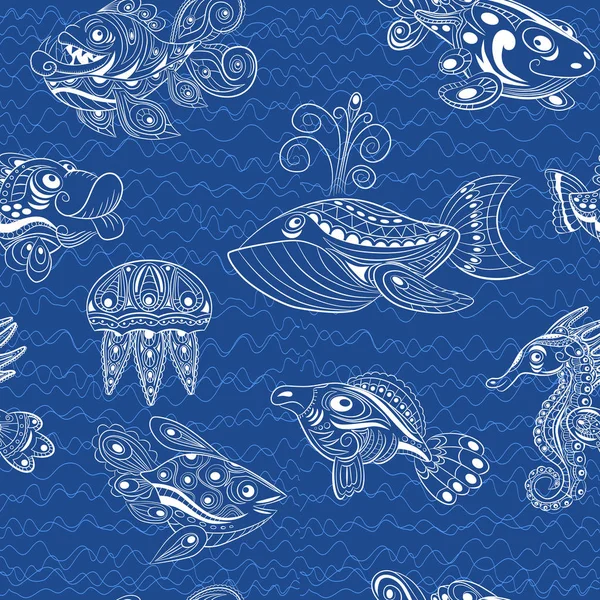 Seamless pattern sea life with many fishes in the water — Stock Vector