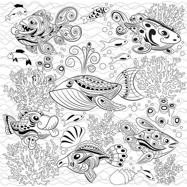 Hand getekend inkt zentangle achtergrond met veel vissen in de wate — Stockvector