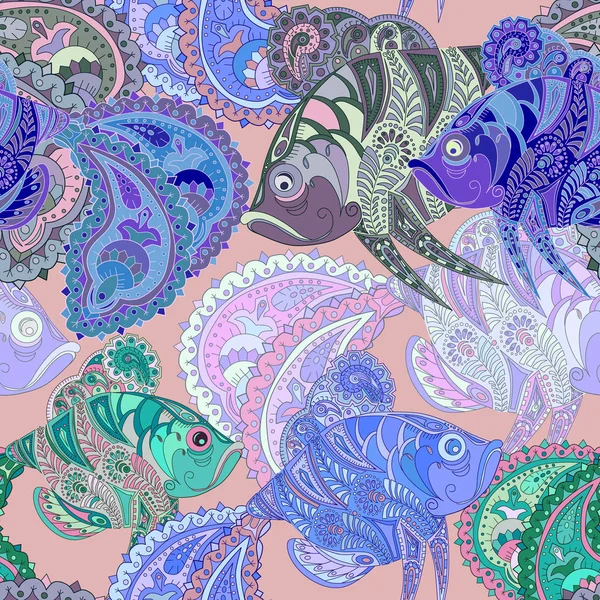 Nahtloses Muster mit farbigen Zentanglkritzelfischen. Jahrgang — Stockvektor