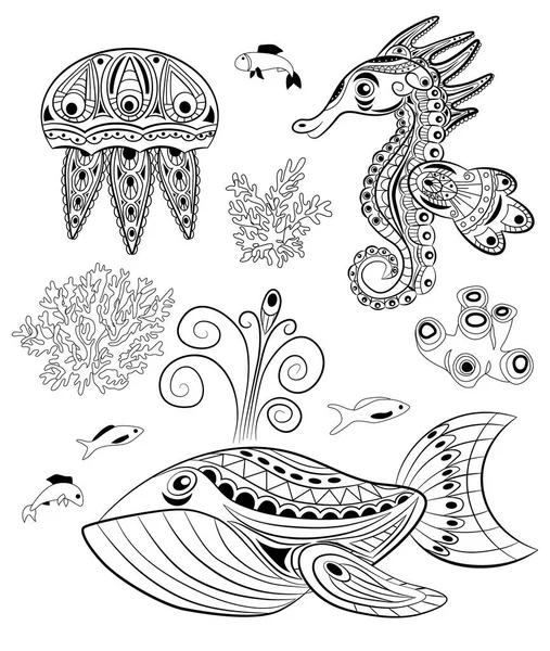 Conjunto de animales marinos garabatos. Libro para colorear — Vector de stock