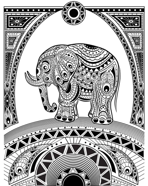 Hand drawn ink zentangle elephant for relax and meditation — Stock Vector