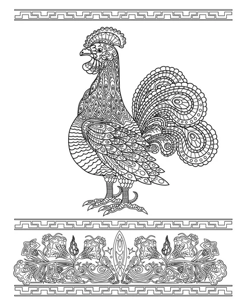 Coloriage pour adultes. Coq de style ethnique avec motif floral — Image vectorielle