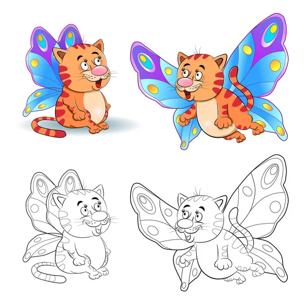 Image drôle de chat dessin animé d'un papillon. Livre à colorier — Image vectorielle