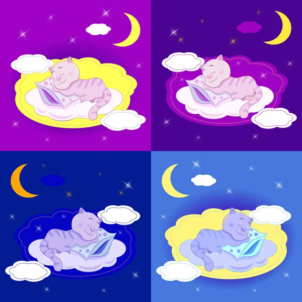 Divertido gato de dibujos animados durmiendo en una nube — Vector de stock