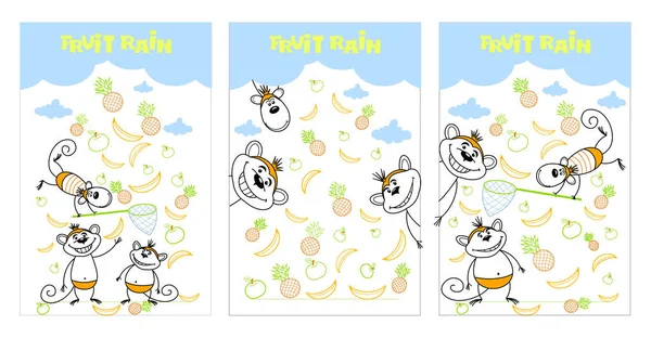 Tres tarjetas de dibujos animados con monos divertidos y lluvia de frutas — Vector de stock