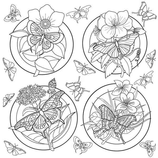 Kleurplaat voor volwassenen met vlinders en bloemen — Stockvector