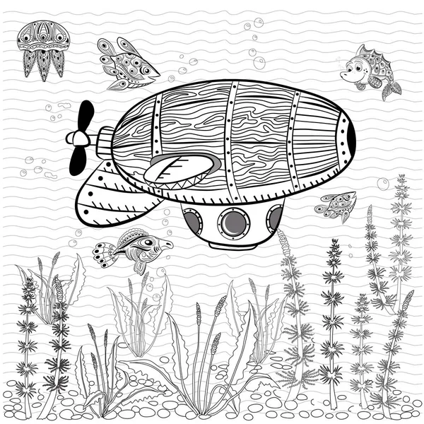 Underwater  bathyscaphe in nature. Antistress Coloring Book for — Stock Vector