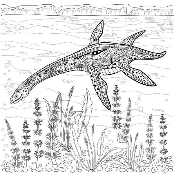 Plesiosauriër - prehistorische reptielen in de natuur. Anti-stressprogramma Coloring — Stockvector