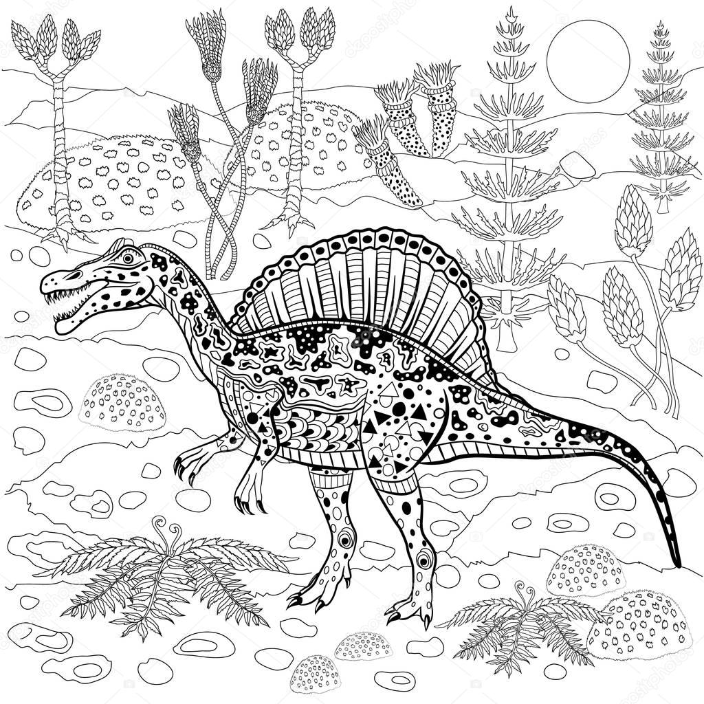 Spinosaurus in nature. Antistress Coloring Book for adults — Stock ...