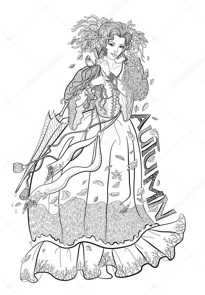 Coloring page for adults with girlautumn, leaves and bird