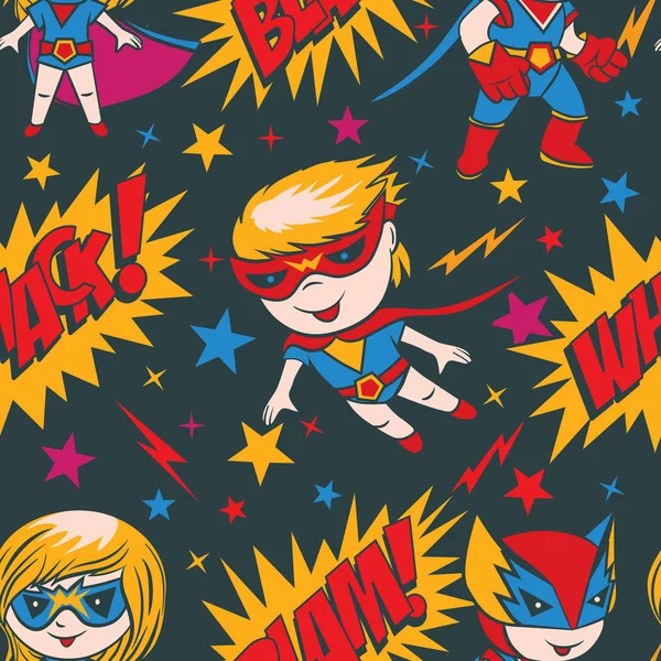 Seamless pattern with funny cartoon boys and girls superheroes
