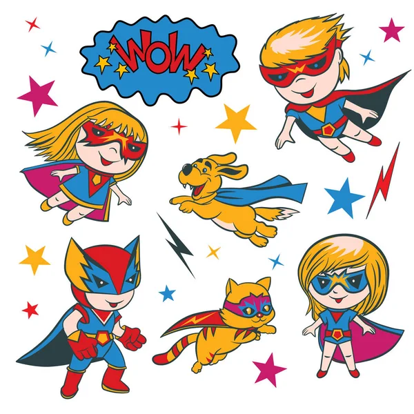 Conjunto de personagem de super-herói engraçado desenhos animados — Vetor de Stock