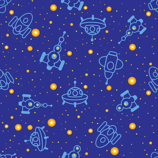 Seamless pattern with contour images of spaceships in the sky — Stock Vector