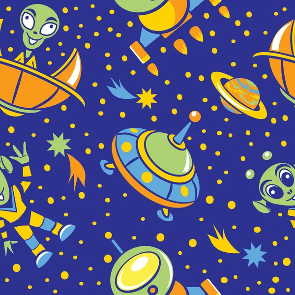 Seamless pattern with pictures of spaceships, alien and stars. — Stock Vector
