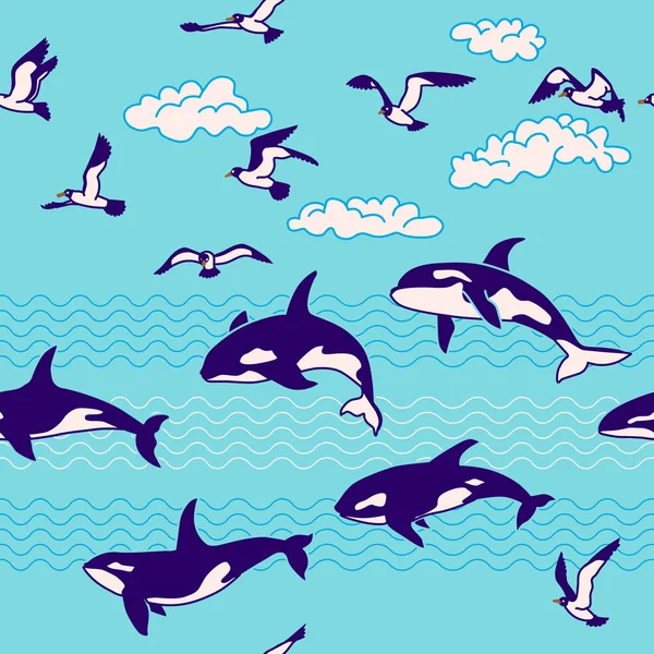 Seamless marine cartoon pattern with seagulls, whales and waves — Stock Vector