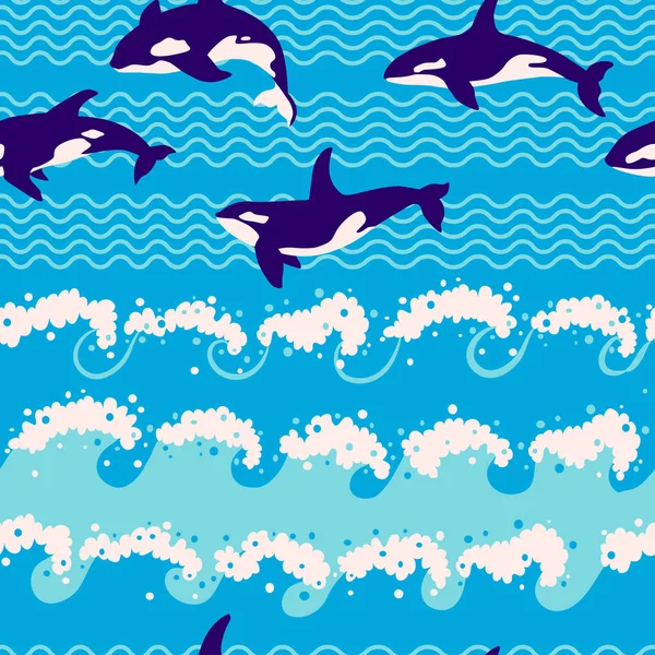 Seamless pattern - marine life of whale-killer in waves — Stock Vector