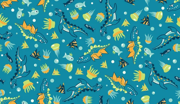 Seamless pattern with marine dinosaurs, fish and jellyfish — Stock Vector