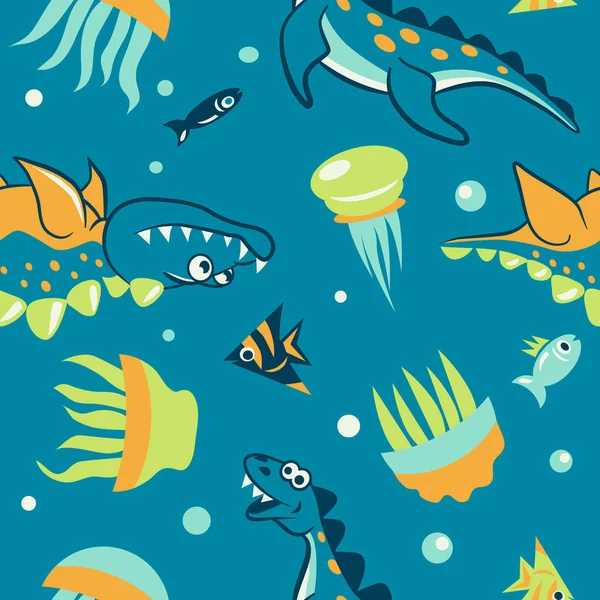 Seamless pattern with marine dinosaurs, fish and jellyfish — Stock Vector