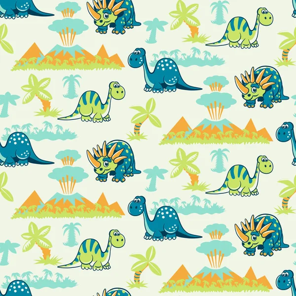 Seamless pattern with dinosaurs, palms and volcanoes — Stock Vector