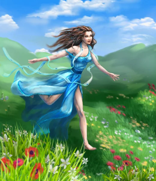 Szczęśliwa dziewczyna w niebieskiej sukience długiej działa pod wiatr — Zdjęcie stockowe