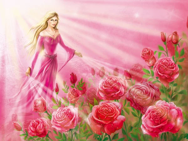 Ragazza porta un filo di luce tra le rose — Foto Stock