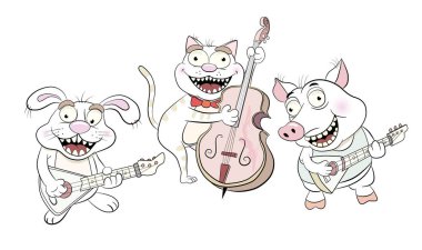 Kedi, domuz, tavşan eğleniyor ve müzik aletleri çalmaya