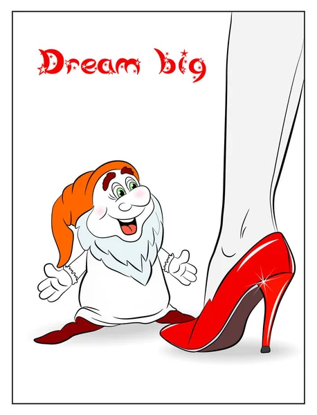 Gnome looks at the female leg in high heel shoes — Stock Vector