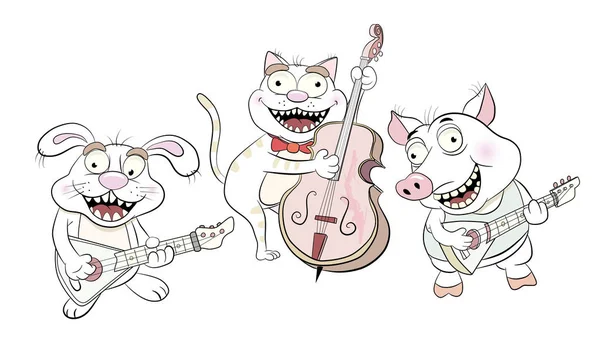 Gato, cerdo, conejo se están divirtiendo y tocando instrumentos musicales — Archivo Imágenes Vectoriales