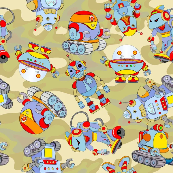 Patrón sin costuras con divertidos robots de dibujos animados reparadores — Vector de stock