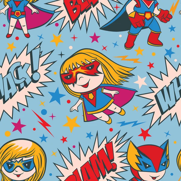 Бесшовный шаблон с смешными мультяшными мальчиками и девочками супергероев — стоковый вектор