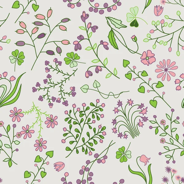 Patrón floral sin costuras con ramas, hojas y flores — Vector de stock