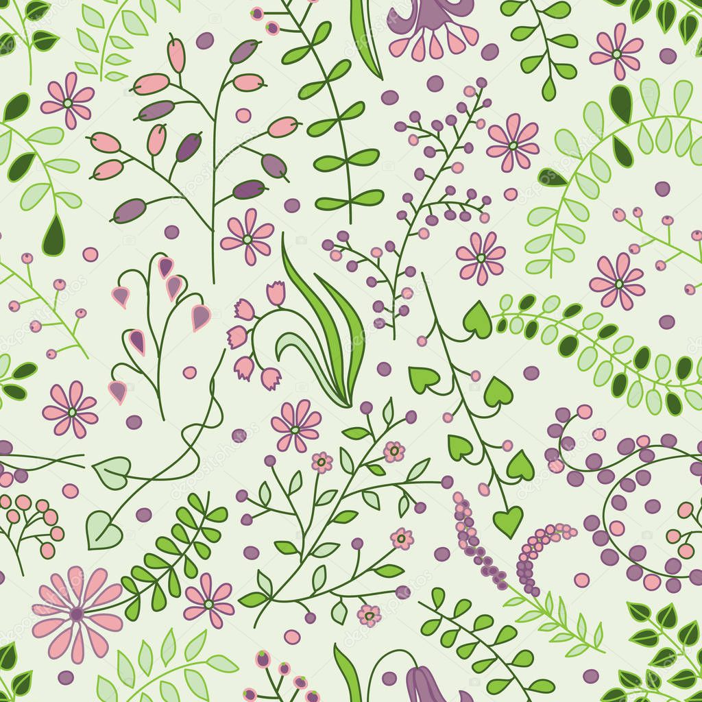 Seamless Floral Pattern with branches, leaves and flowers