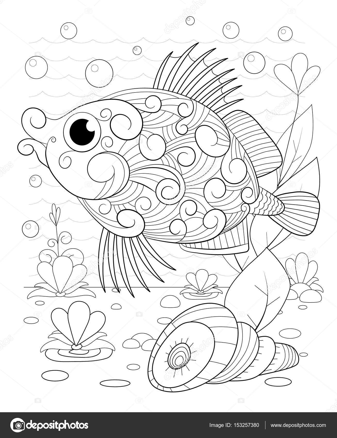 Pesci decorativi disegnati tra le onde a mano e con alghe stress colorare con dettagli elevati isolato su priorit  bassa del reticolo illustrazione in