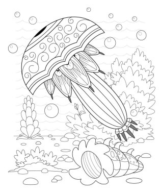 Dalgalar ve deniz yosunu ile dekoratif denizanası el çekilmiş 