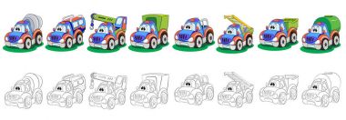 Boyalı ve boyama kitabı karikatür kamyon kümesi.